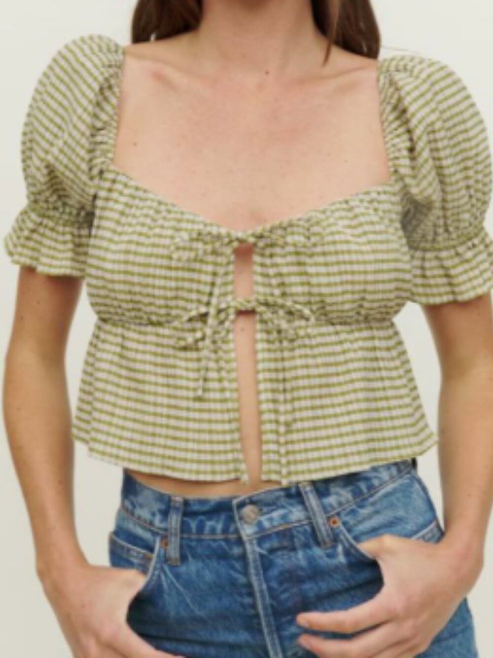 Reformation Lena Top Gingham Peplum Blouse Green Size 4